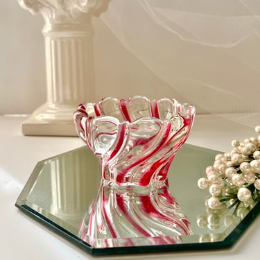 Clear Red Swirled Glass Dish, Scalloped Shape, Art Glass, Mid Century, Vintage Home Decor 