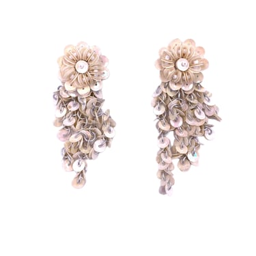 Vintage White Sequin Flower Dangle Earrings 