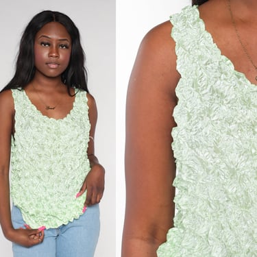 Mint Green Tank Top 90s Popcorn Texture Blouse Stretchy Sleeveless Shirt Retro Shiny Casual Summer Party Vintage 1990s Small Medium Large XL 