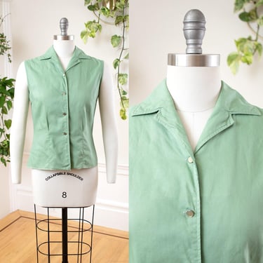 Vintage 1950s Blouse | 50s Sage Green Collared Sleeveless Button Up Minimalist Top | small/medium 