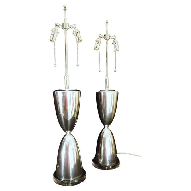 Pair of Mid Century Modern Polished Aluminum & Lucite Architectural Table Lamps 
