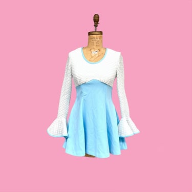 Vintage Micro Mini Dress Retro 1960s Handmade + Tunic + Groovy + White and Baby Blue + Ruffled of Flounce Cuffs + Womens Apparel 