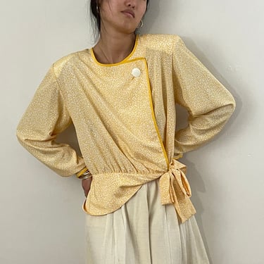 80s Albert Nipon peplum blouson blouse / vintage daisy yellow print asymmetrical front princess Di sash blouson blouse | L 