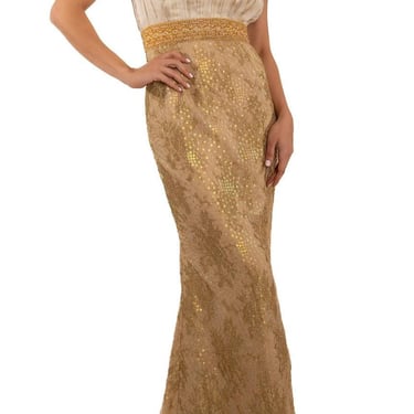 1990s Off White & Gold Silk Gazzar Beaded Metallic Lace Gown With Puff Sleeves 