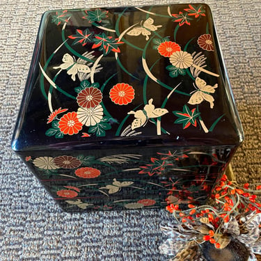 Vintage Japanese Lacquerware Stackable 3-Tier Jewelry Box~ Black laquered Gold Japanese Butterfly, Orange, Bronze flowers Vintage Jubako Box 