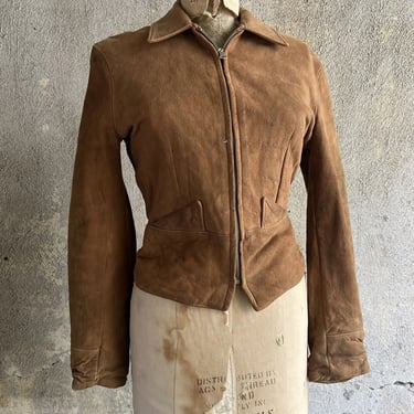 Vintage 1930s Brown Suede Leather Jacket Coat Plaid Blanket Liner Belted Back