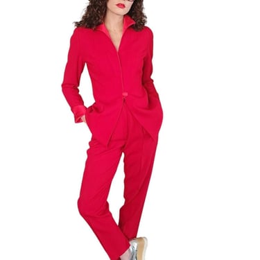 90s Christian Dior Pant Suit Red Wool / Small 