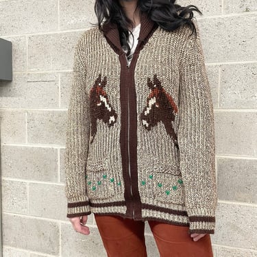 Vintage Cardigan Retro 1950s Caldwell + Hand Fashioned + Pure Wool + Horse + Zip Up + Mid Century + Knitted + Sweater + Unisex Apparel 
