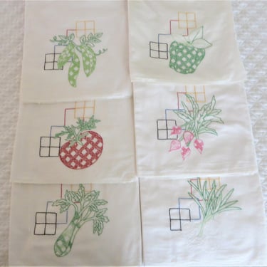 Vintage Set of 6 Embroidered Vegetable Kitchen Towels 