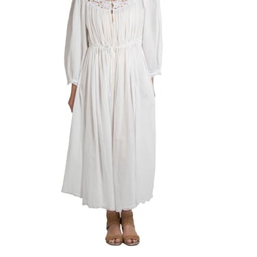 1970S White Cotton Lace Victorian Style Dress With Drawstring Waist 