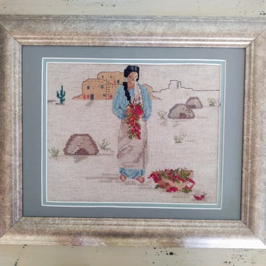 Framed and Matted Southwestern Cross-stitch Art - Year Unknown 