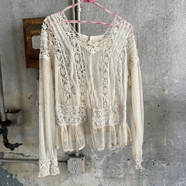 Antique Edwardian Ecru  Cotton Net &Crochet Lace Bodice Dress Blouse Top Vintage