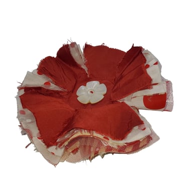 Krista Larson Red Polka Dot Layered Silk Art-Wear Taffeta Rosette Pin Brooch NEW 