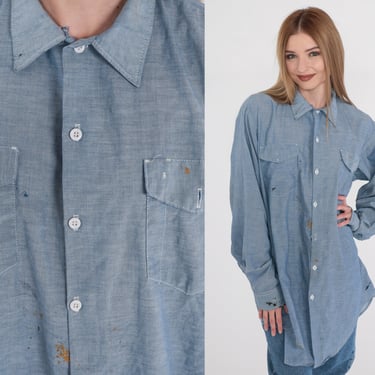 Distressed Chambray Shirt 80s Blue Button up Shirt Paint Splattered Long sleeve Retro Pocket Boyfriend Key Imperial Vintage 1980s Mens XL 