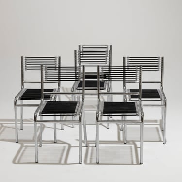 SET DE 6 CHAISES EN ACIER ET CORDE ÉLASTIQUE, RENÉ HERBST, 1970s