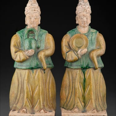 Large 15th/16th Century Chinese Ming Dynasty Polychrome Ceramic Attendants Antique Tomb Figure Pair 
