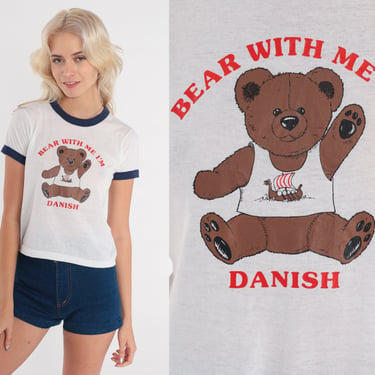 Danish Ringer Tee Shirt 80s Bear With Me I'm Danish Graphic Shirt TShirt Teddy Bear Denmark Retro Vintage Screen Stars 2xs xxs 