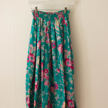 1980s Laura Ashley Turquoise Floral Print Cotton Skirt 