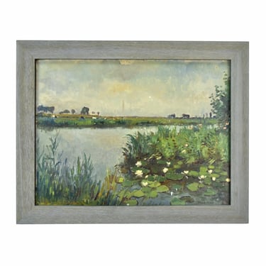 Early 20th Century Landscape Oil Painting Landscape with Pond Cows sgd Murman 
