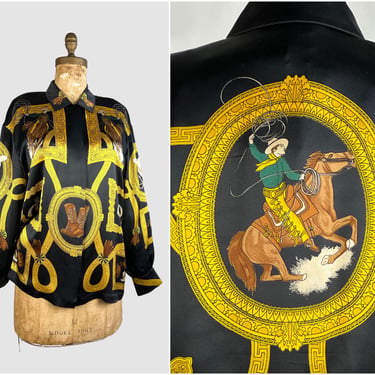 ESCADA Vintage 90s Black & Gold Silk Blouse | 1990s Equestrian Cowboy Western Print Shirt | Designer Top, Made in Germany | Medium Large 