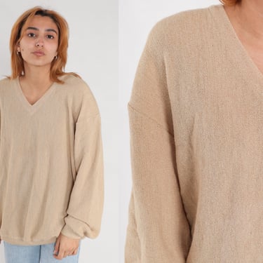 Tan Wool Sweater V Neck Sweater 90s Alpaca Wool Pullover Slouchy Plain Knit Vintage 1990s Semi-Sheer Jumper Extra Large xl 