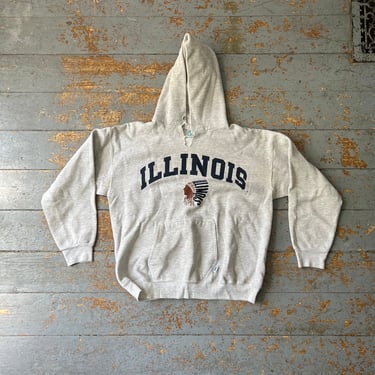 Vintage 80s Illinois Heather Gray Raglan Pullover Hooded Sweatshirt 