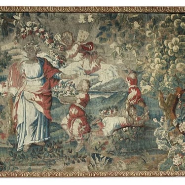 17th Century Flemish Baroque Tapestry Fragment in Later Giltwood Frame. Belgium.