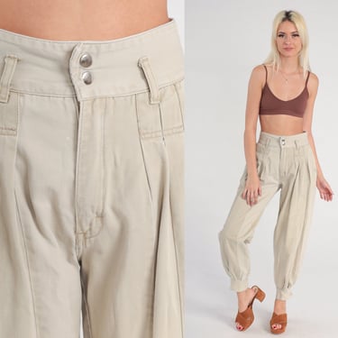 Khaki Pleated Trousers 90s Balloon Pants High Waisted Pants Tapered Leg Slacks Office Preppy High Waisted Rise Beige Vintage Small 26 