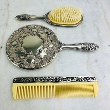 Vintage Silver Plated Vanity Set, Silver Ornate Hand Mirror, Brush and Comb, for Dressing Table, Art Nouveau Style, Wedding, gift for her 