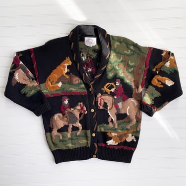 fox hunting sweater 80s 90s vintage Traditional Trading Co. dog horse novelty print cardigan sweater 