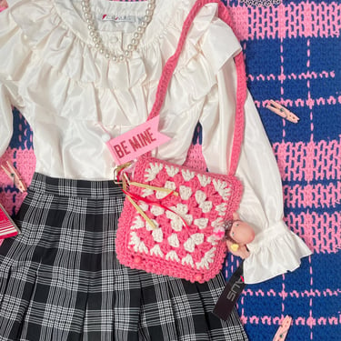 Vintage 70s Pink And White Afghan Granny Square Bag 