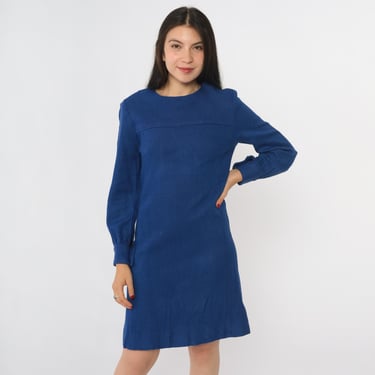 60s Blue Mod Mini Dress Shift Long Sleeve Dress 1960s Gogo Vintage Sixties Twiggy Plain Dress Minidress Extra Small xs 