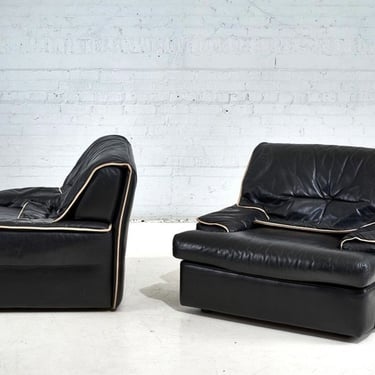 Pair Guido Faleschini Black Leather Lounge Chairs, Italy 1970