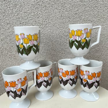 Vintage modern porcelain China coffee pedestal mugs set 6 colorful tulips floral print 