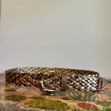 Vintage 80s Metallic Gold Woven Leather Hook Buckle Belt - Small 