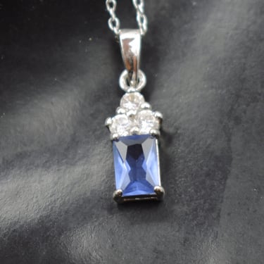 90's sterling emerald cut blue tourmaline clear crystals pendant, dainty D 925 silver bling necklace 