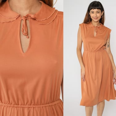 70s Blouson Dress Burnt Orange Keyhole Dress Midi Boho Bow Neck Peter Pan Collar High Waist Disco 1970s Vintage Bohemian Cap Sleeve Small 