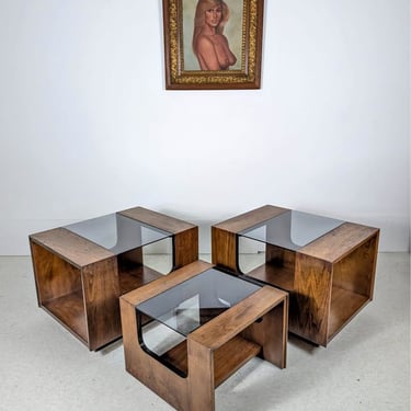 MCM Set of 3 Walnut & Smoked Glass Living Room Tables by Lane