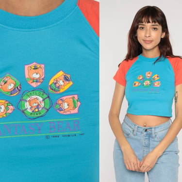 Fantasy Bear T Shirt 80s Cropped Shirt Blue Sailor Teddy Bear Graphic TShirt Crop Top Baby Tee Cute Kawaii Raglan Vintage 1980s 2xs xxs 