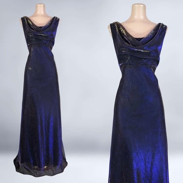 VINTAGE 90s Iridescent Night Sky Mesh Formal Dress by Betsy and Adam Plus Size 16 | 1990s Metallic Blue Gold Prom Dress Gown | VFG 