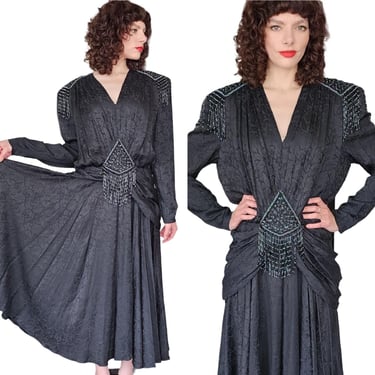 Vintage 80s Party Dress Black Silk Beaded Fringe D'Ore Art Deco 