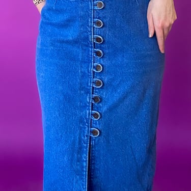 1980s Button Up Denim Midi Skirt, sz. M/L