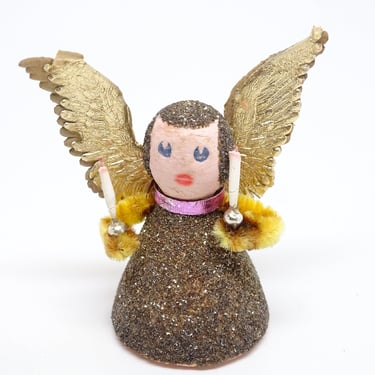 Vintage German Glittered Spun Cotton Christmas Angel, for Putz or Nativity, Antique Gold Dresden Paper Wings, West Germany 