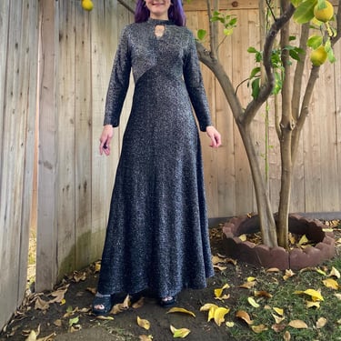 Vintage 1970’s Silver Lurex long Sleeve Maxi Dress 