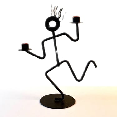 Vintage 1980s Post Modern Memphis Styled Black Metal Running Man Candle Holder By Scardy 