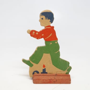 Antique 1930's Pressed Cardboard Jack be Nimble on Wooden Base, from Mother Goose  Vintage Stand Up Toy 