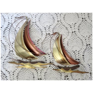 Vintage Brass Sailboats Wall Hangings - MCM Decor - Nautical Boat Art - Mid Century Modern Home 