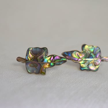 1960s/70s Taxco Sterling and Abalone Leaf Screw Back Earrings 