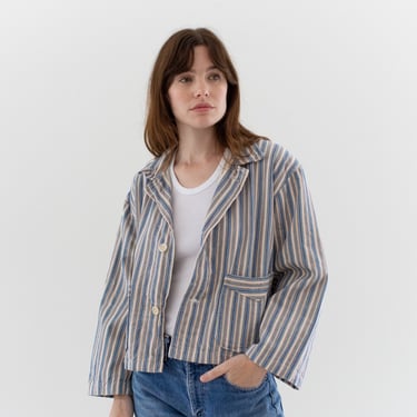 Vintage Pink Grey Blue Flannel Striped Crop Shirt Jacket | Unisex Stripe Cotton Pajama Chore | L | SCJ002 