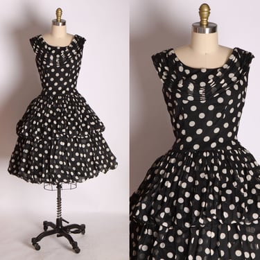 1950s Designer Tiered Black and White Polka Dot Ruched Off the Shoulder Bubble Hem Drop Waist Dress by Colin Originals -M 